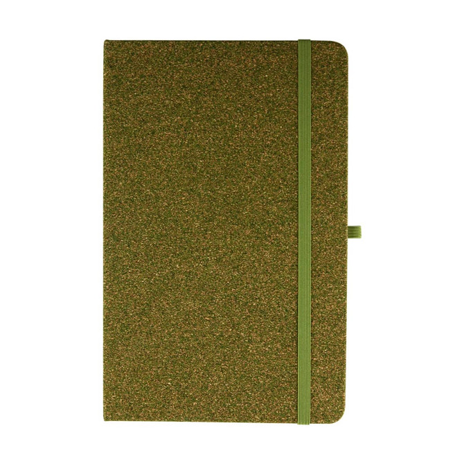 A green notebook with a textured cover and an elastic band closure, featuring a logo on the front.