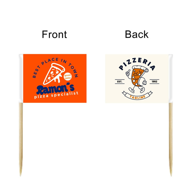 A set of 100 labelling stick flags featuring an orange pizza graphic on one side and a cartoon pizza with a logo on the other.