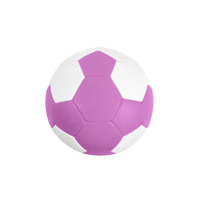 A machine-stitched PU handball featuring a pink and white design, with a textured surface and a logo.