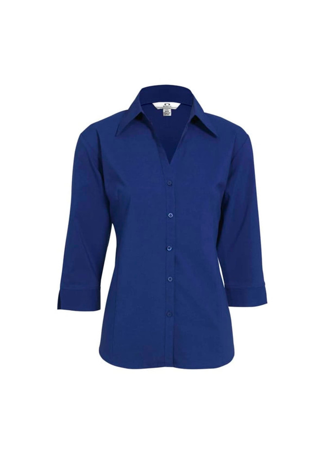 A women's button-up shirt in navy blue with 3/4 sleeves and a classic collar. It features front buttons and has a logo.