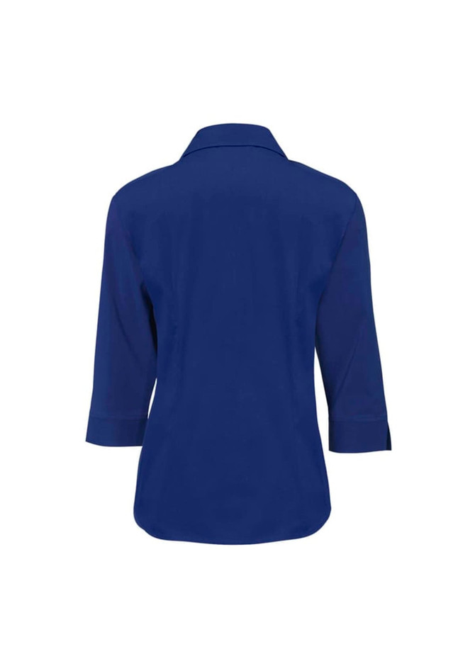 A navy blue women's 3/4 sleeve button-up shirt featuring a back view and a collar. It has a logo.