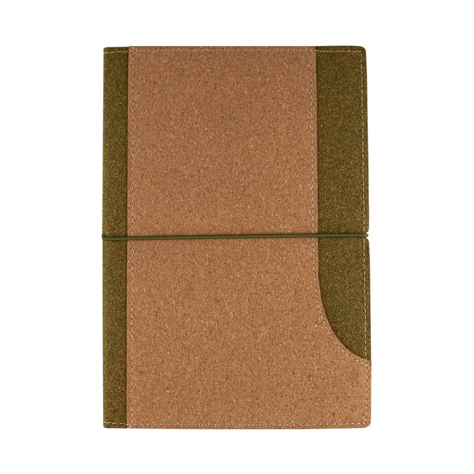 A cork notebook featuring a brown cover with a green accent, secured with an elastic band. It has a logo on the front.
