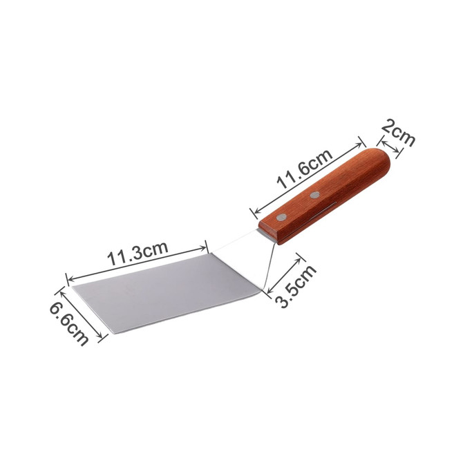 A stainless steel turner with a wooden handle, featuring a rectangular blade and precise dimensions.