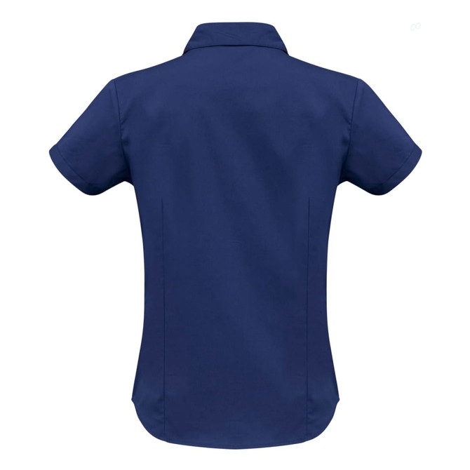 A women's button-up short sleeve shirt in navy blue, featuring a classic collar and a fitted design.