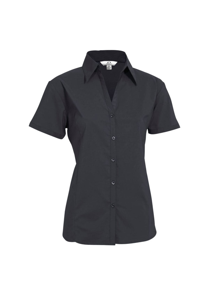 A women's short sleeve button-up shirt in black, featuring a collar and a front button closure.