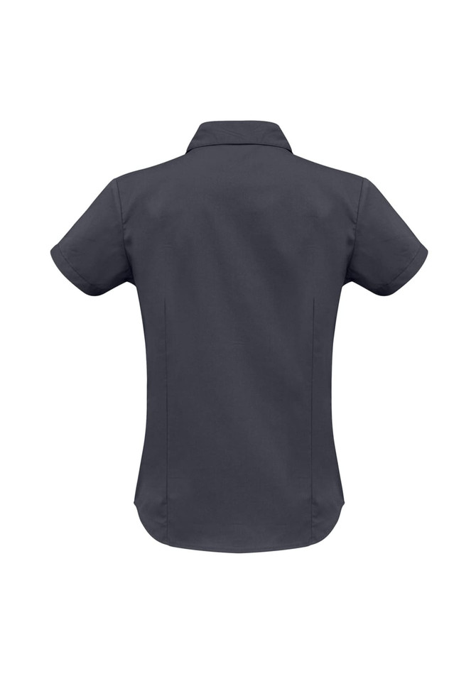 A women's short sleeve button-up shirt in dark grey with a fitted design and a collar. It features a logo.