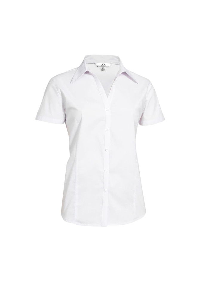A women's short sleeve button-up shirt in white with a tailored fit and a collar. Features a logo.