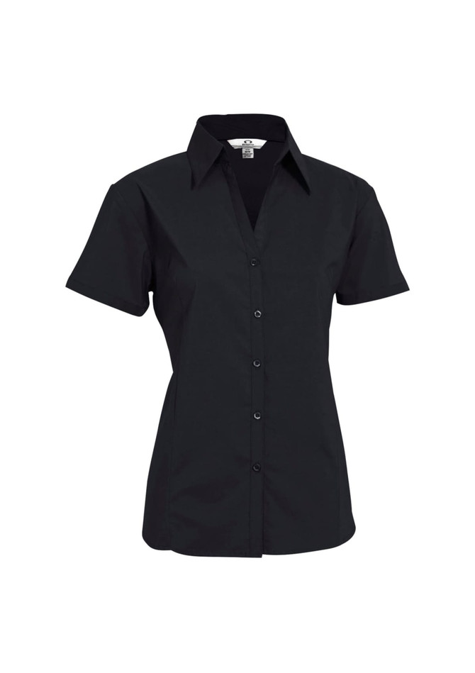 A black short sleeve button-up shirt with a collared neck and a logo on the design.