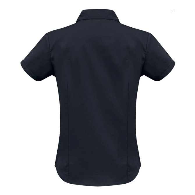 A women's short sleeve button-up shirt in navy blue, featuring a subtle design and a logo on the back.