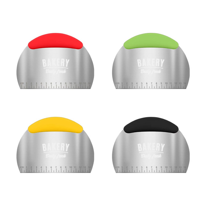 Four stainless steel flour cutters in red, green, yellow, and black, featuring measurement markings and a logo.