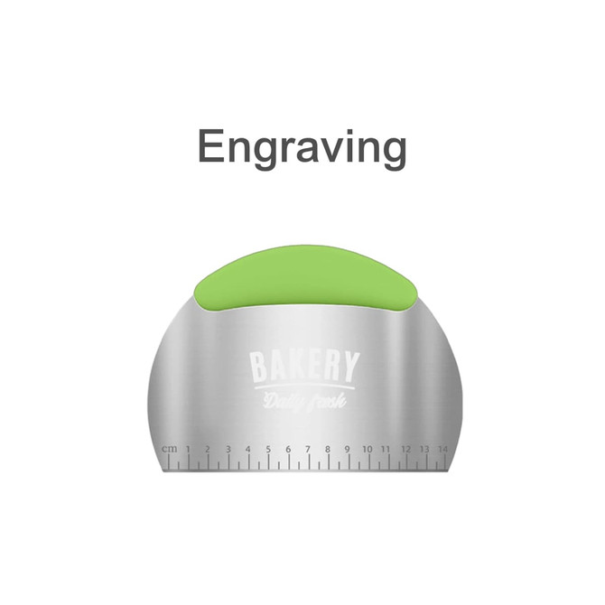A flour cutter with measurements, featuring a stainless steel body and a green ergonomic grip. It has a logo.