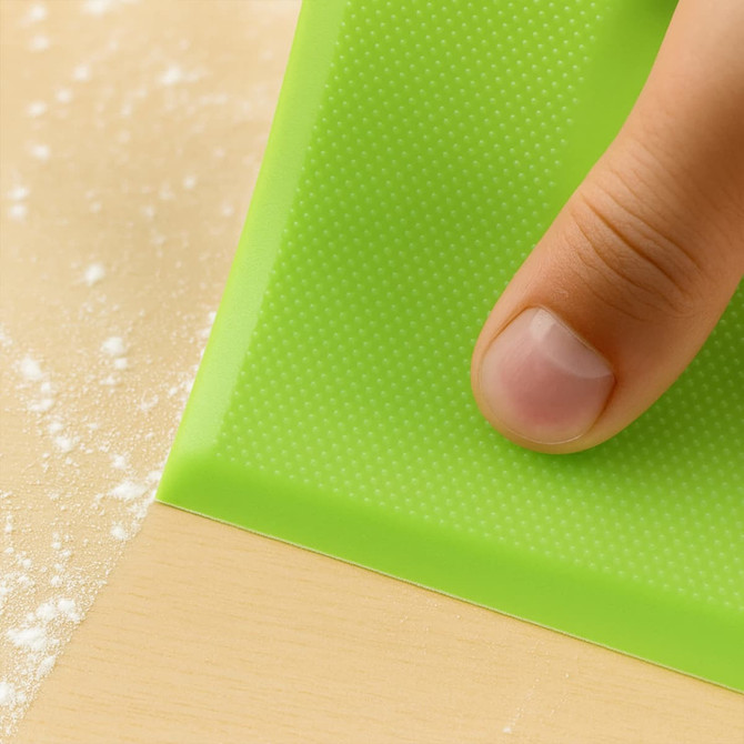 A flexible bowl scraper in bright green, being used on a wooden surface sprinkled with flour.