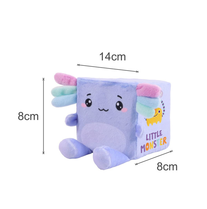 A purple block plush toy with pastel-coloured appendages and a cheerful face, measuring 14cm x 8cm x 8cm.
