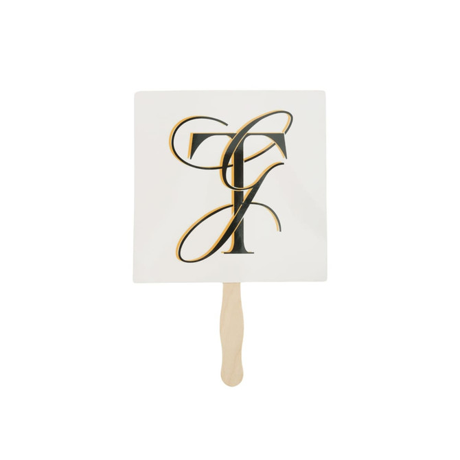 A custom shape paper hand fan with a white surface and wooden handle, featuring a decorative black and gold design.