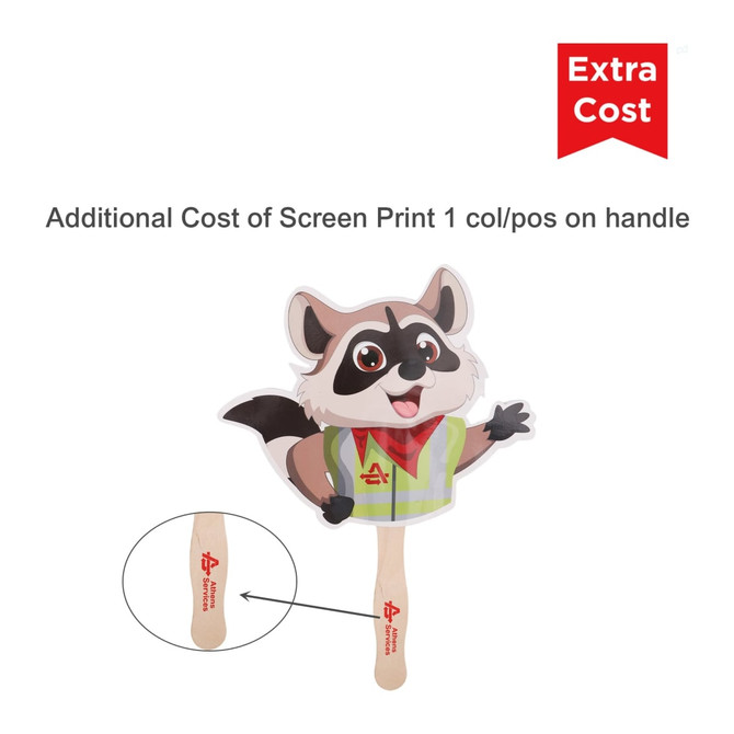 A custom-shaped paper hand fan featuring a raccoon character in a green vest, with a wooden handle and branding.
