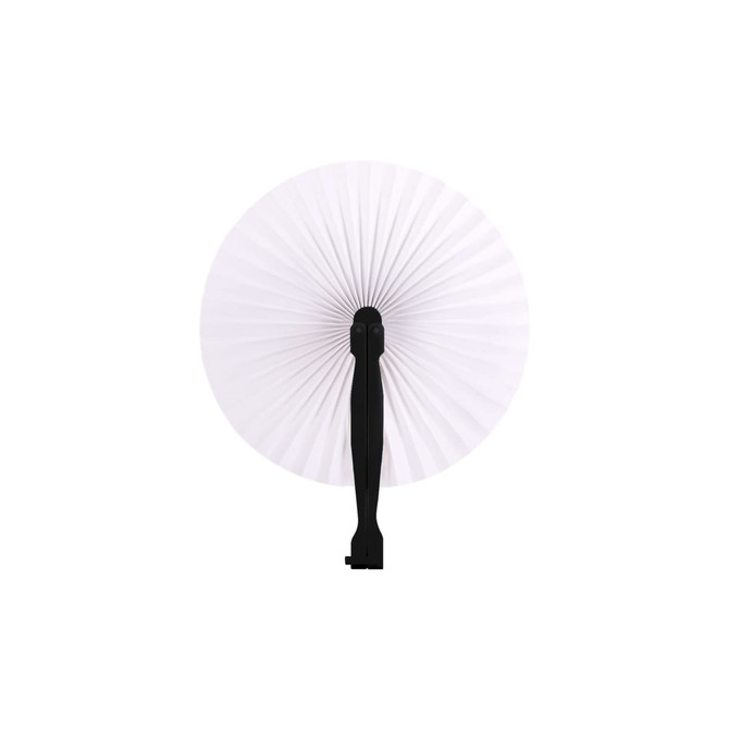 A round plastic paper fan with a white pleated design and a black handle. It features a logo on the handle.