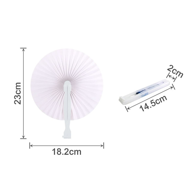 A round plastic paper fan in white, with dimensions of 23 cm in height and 18.2 cm in width, accompanied by a pen.