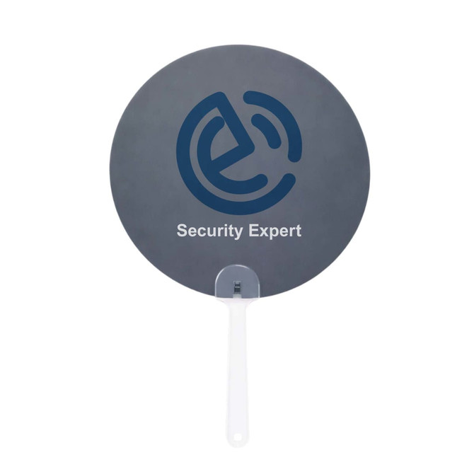 A round, grey hand fan with a white handle and a logo on one side, featuring text and a graphic design.