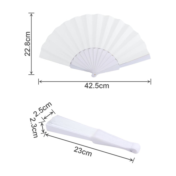 A white hand-held paper fan, elegantly folded, with measurements indicated for its size. It features a simple handle and design.