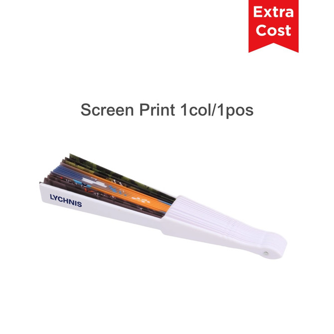 A fabric hand held fan in white, featuring multiple vibrant coloured panels, with a branding logo on the handle.