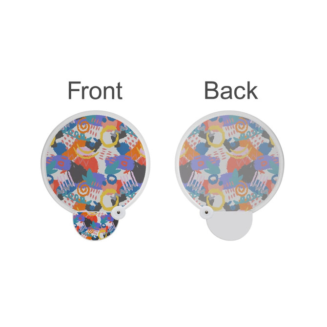 A foldable fan featuring a colourful abstract pattern on both sides with a white handle and a branding logo.
