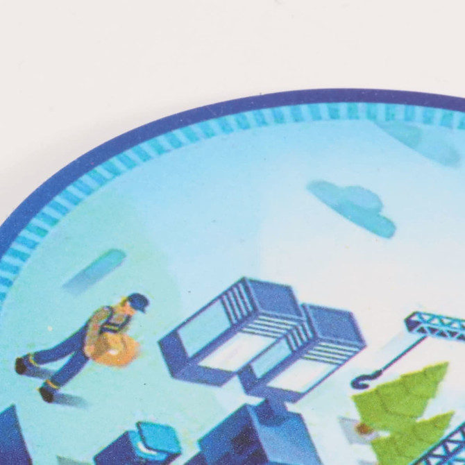 A circular promotional hand fan featuring a blue design with construction and building elements.