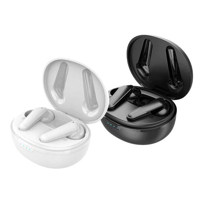 A set of wireless earbuds in white and black, displayed in their charging cases. Each case has a logo.