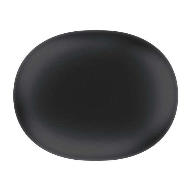 A pair of wireless earbuds in black, presented in a sleek, rounded charging case with a minimalist design.