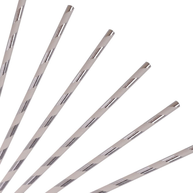 A set of disposable 3-ply straight drinking paper straws in white with a striped design.