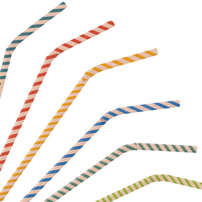 A selection of custom disposable 3-ply bendable drinking paper straws in various striped colours. The image includes a logo.