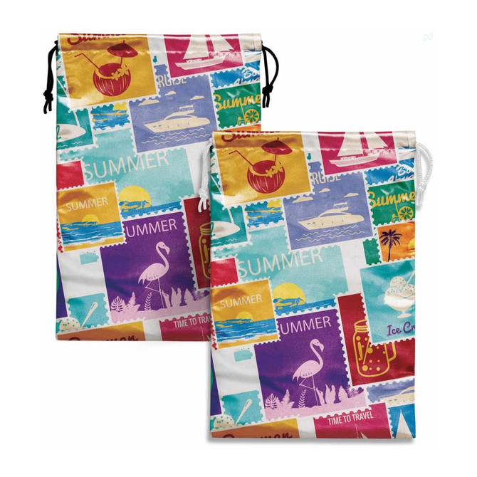 A large satin gift bag featuring a colourful travel-themed print with various stamps and icons in pink, blue, and yellow.