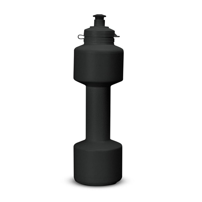 A drink bottle shaped like a dumbbell, featuring a matte black finish and a screw-top lid. It has a logo on the side.