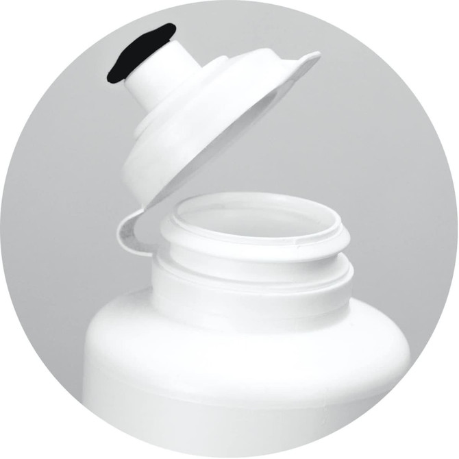 A drink bottle in white with a black lid, featuring a wide opening for easy filling and cleaning.