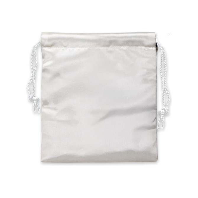 A small satin gift bag in a shimmering white colour with drawstring closures on either side.
