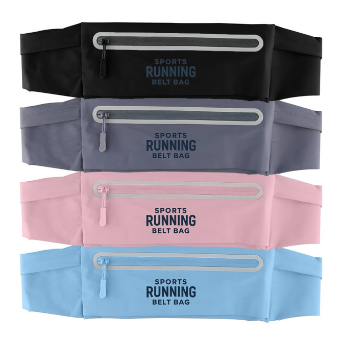 A range of Sports Running Belt Bags in black, grey, pink, and light blue, each featuring a zippered pocket and a logo.