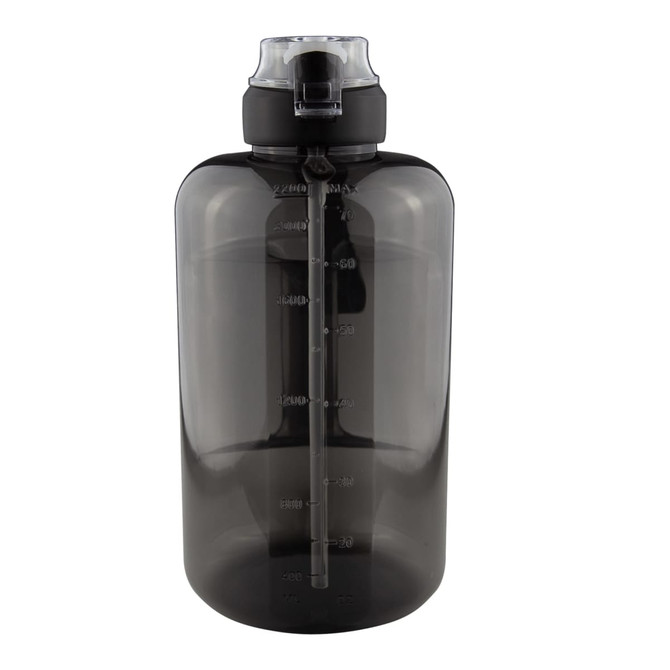 A drink bottle in transparent black with measurement markings and a secure lid. Features a logo on the side.