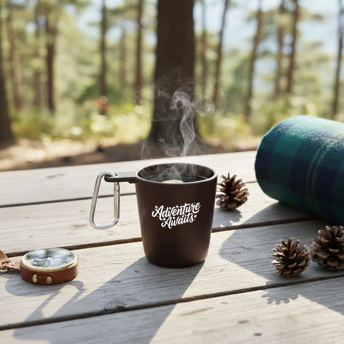 A drink bottle in dark brown with a logo, steam rising from its opening, placed on a wooden table outdoors.