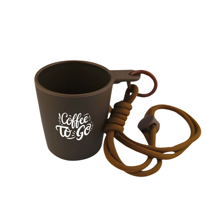 A black mini cup with a carabiner and brown cord attached, featuring a logo on the front.