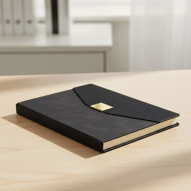A black notebook with a textured cover and a gold-coloured clasp resting on a wooden table.