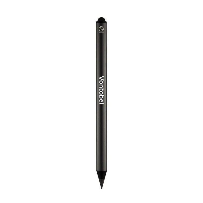 A black pencil with a pointed tip and a logo on the side.