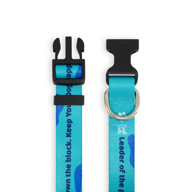 A sublimated dog collar in vibrant blue with a patterned design, featuring a sturdy buckle and metal D-ring.