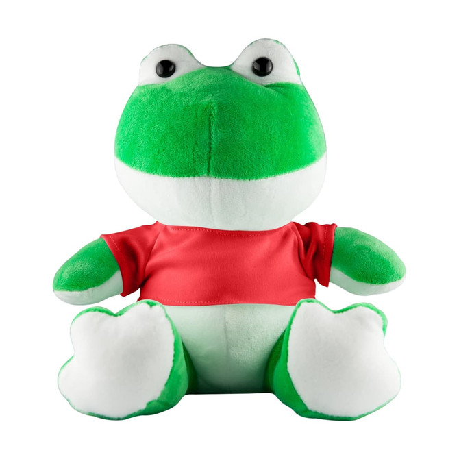 A green frog plush toy wearing a red shirt, with oversized eyes and a soft, round body.