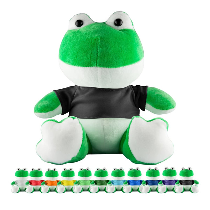 A green frog plush toy with a black shirt, sitting upright. Several smaller frog plush toys in various colours are displayed below.