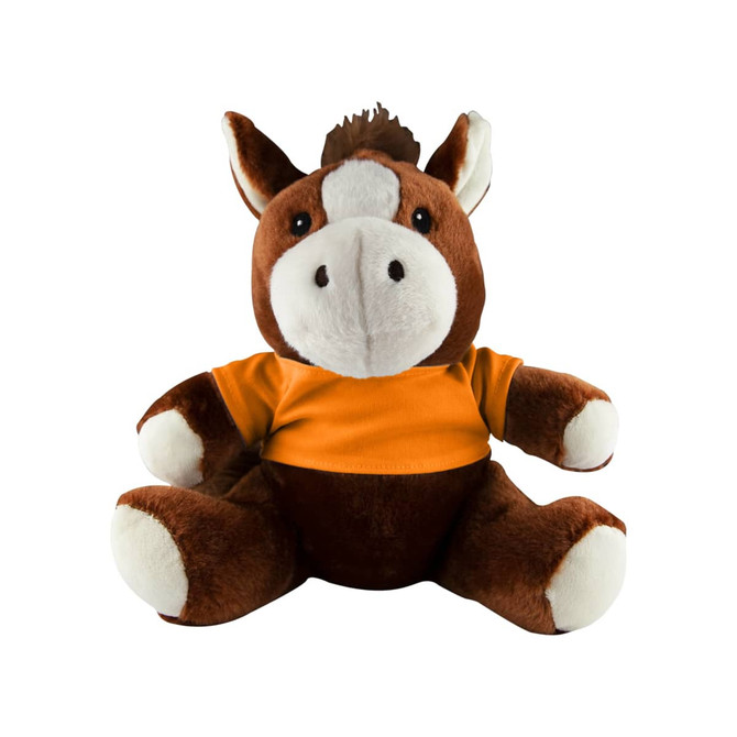 A brown and cream horse plush toy wearing an orange shirt, featuring a friendly face and soft fur.