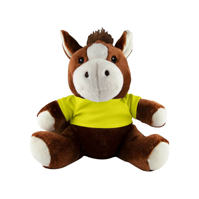 A brown horse plush toy wearing a bright yellow shirt, featuring a soft textured finish and large, friendly features.