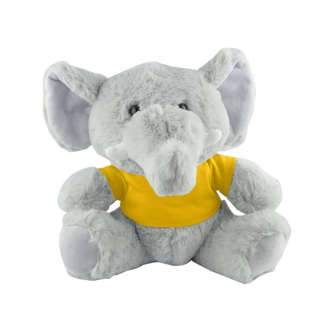 A grey plush elephant wearing a yellow T-shirt, with large ears and a friendly expression.