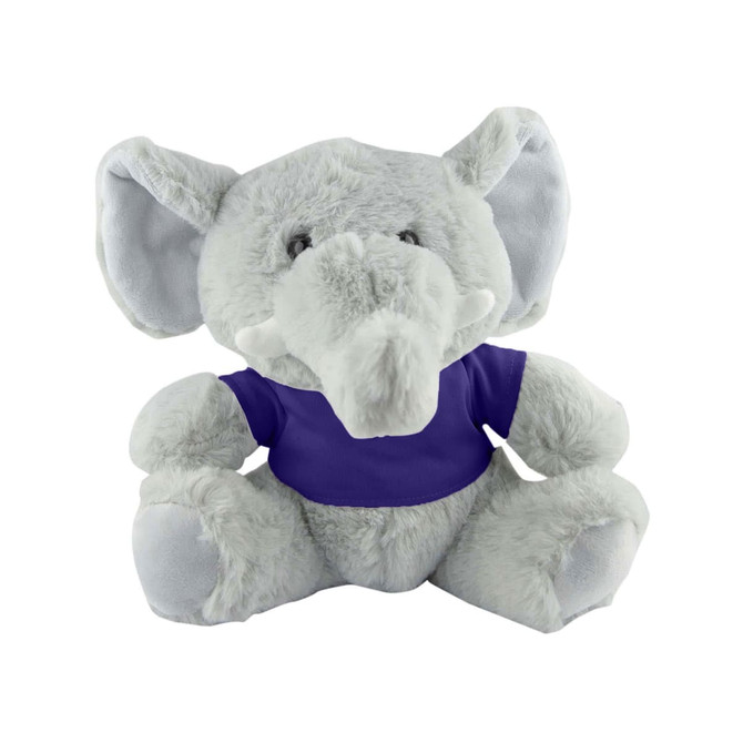 A grey plush elephant with large ears, wearing a purple t-shirt, sitting upright. It has a logo on the shirt.