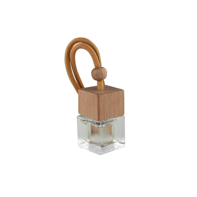 A clear glass car reed diffuser with a wooden cap and a tan cord for hanging.