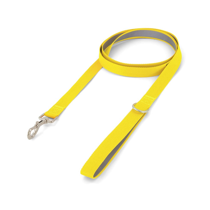 A yellow dog lead with a reflective strip and a metal clasp, designed for pet walking.