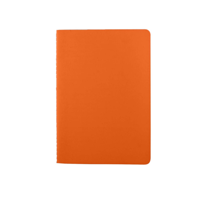 An orange washable paper notebook with a smooth finish and rounded corners, featuring a branding logo.